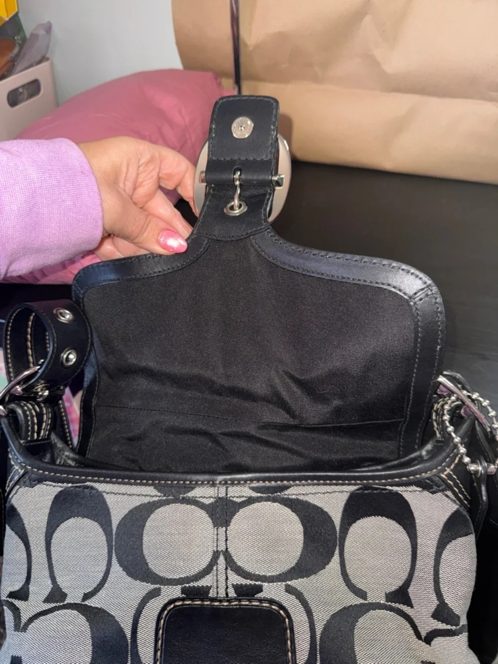 Coach Signature Leather and Canvas Flap Duffle Bag - Picture 6 of 17